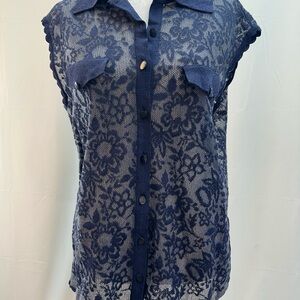 Escada Navy Floral Mesh Shirt Top 42